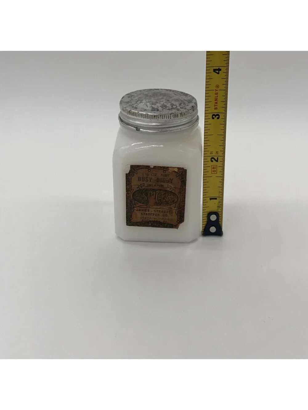 Vintage Milk Glass Spice Jar Busy Biddy Brand Ginger Metal Lid 3.25